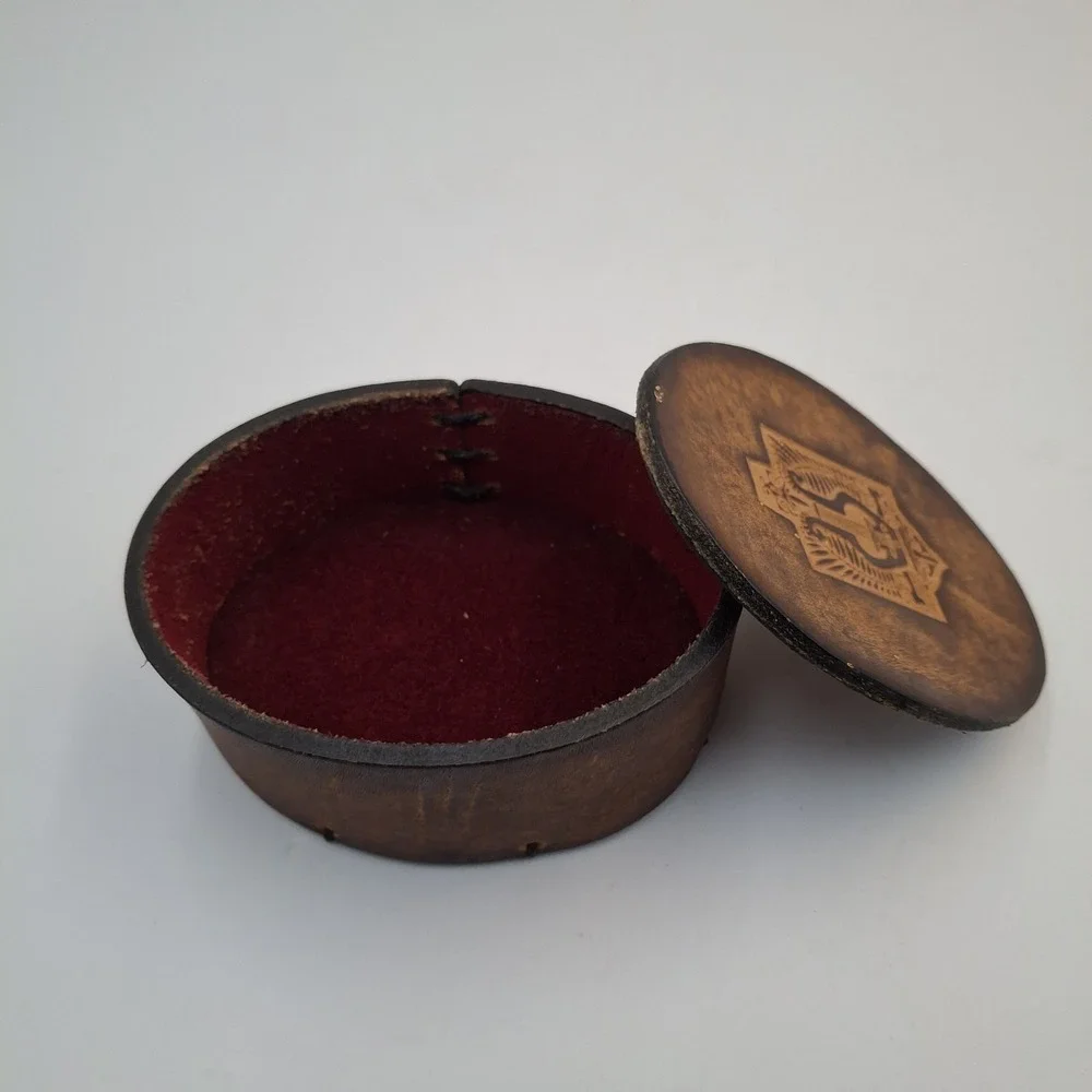 Vintage Leather Trinket Box Embossed Lyre Harp Emblem Red Velvet Lined Biblical